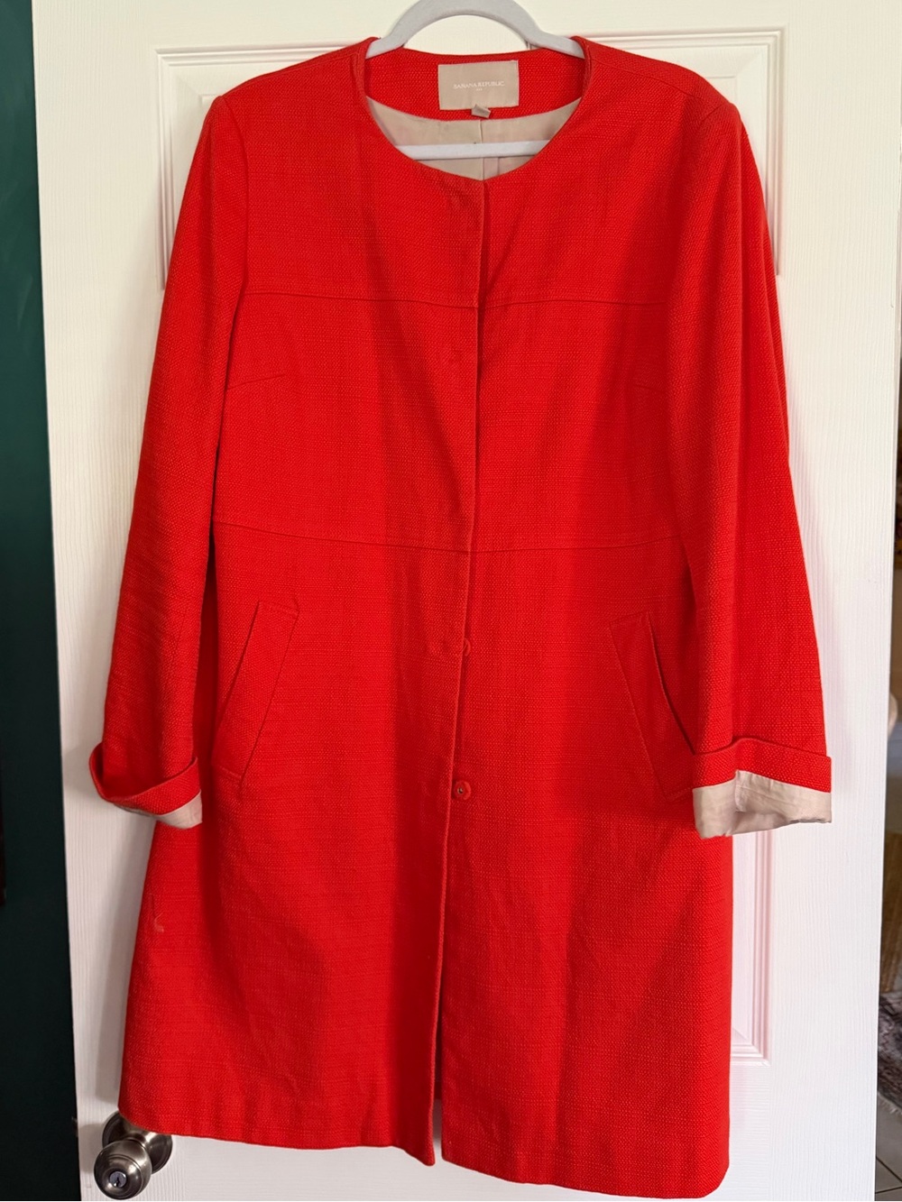 Banana Republic Bright Red Collarless Textured Coat
